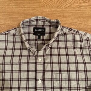 Bonobos Shirt Men's Medium Slim Fit Burgundy/Gray Plaid Long Sleeve Button Down
